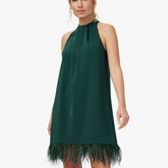 NEW Aidan Mattox Feather Trimmed Crepe cocktail Trapeze halter forest Dress sz 6 - Picture 1 of 11
